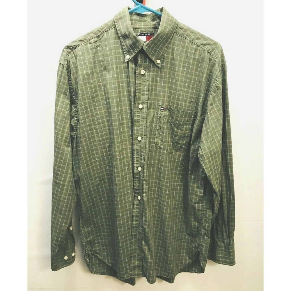 Tommy Hilfiger Men's Medium Dress Shirt 15.5-16 Green Checked Long Sleeve Cotton